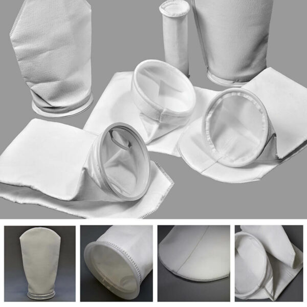 arte com cinco imagens de bolsas filtrantes de feltro. Em destaque os variados acabamentos